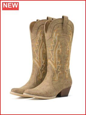 Synthetic Leather Mid-Calf Western Cowboy Boots Pointed Toe Cuban Heel